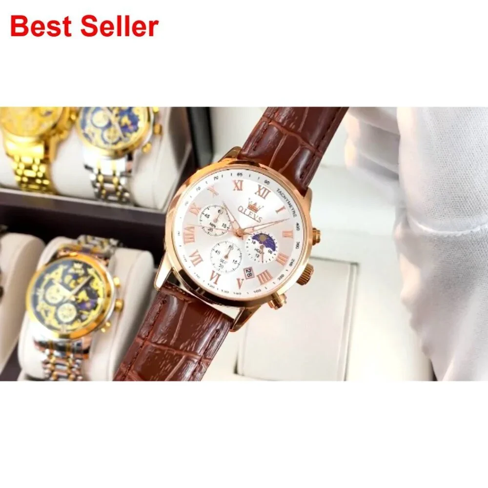 Leather Watch with Date Luminous Dial Stainless Steel Case